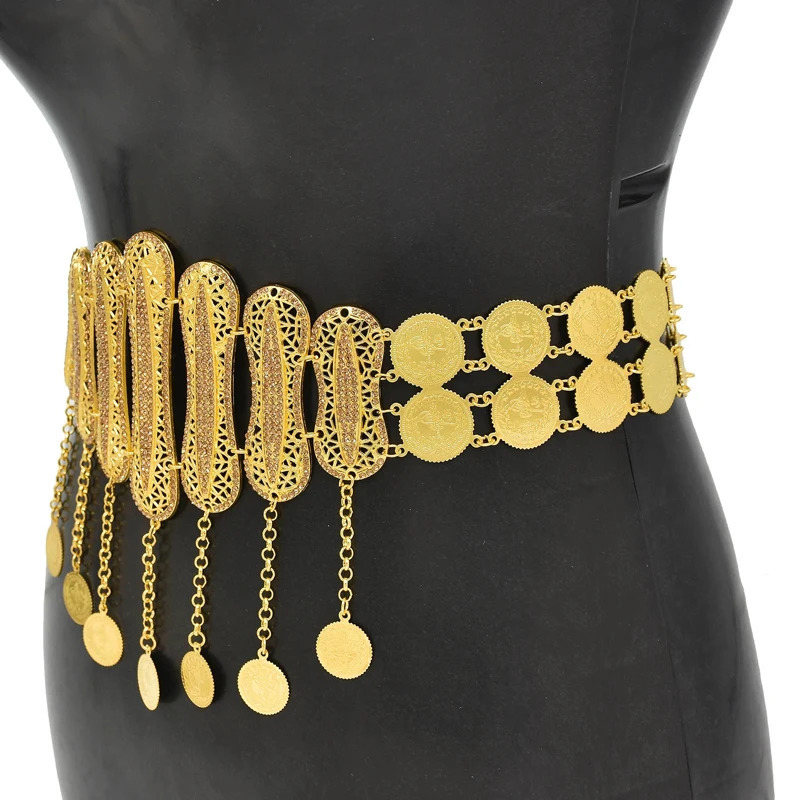 Golden Coin Women Body Chains Arab Charms Tassel Bohemian Ethnic Waist Jewelry Statement Afghan Rhinestones Waist Chains Female 250107