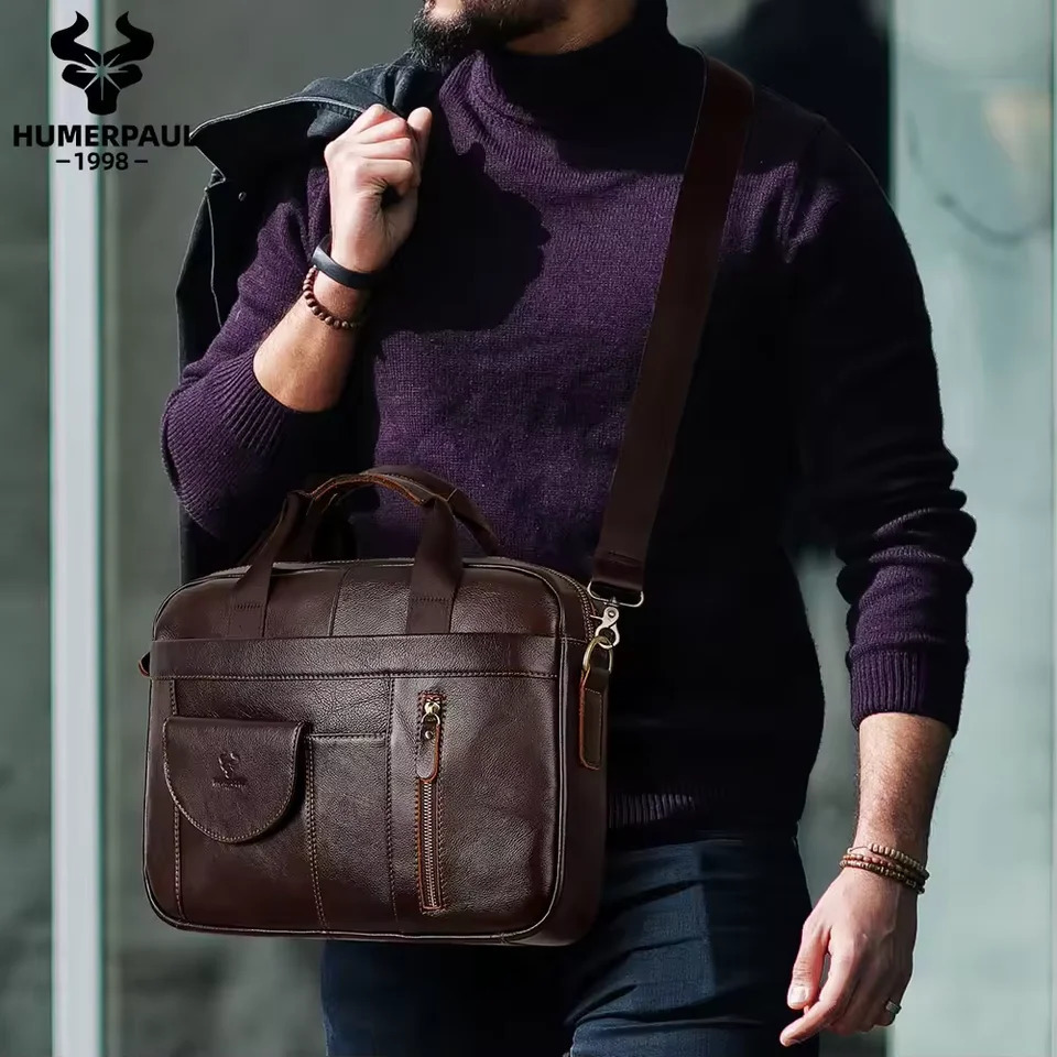 Mens Briefcase Genuine leather Handmade laptop Bag Multi Compartment Business Crossbody Bag Shoulder Bag 250107