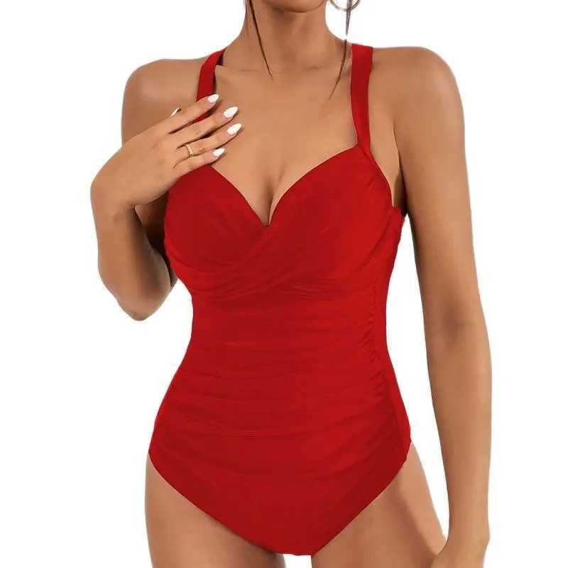 Red One-Piece Swimsuits Closed Womens Swimwear With Push Up Swimming Wear Bodysuit Beach Bathing Suits Beachwear Pool BatherXJ240108