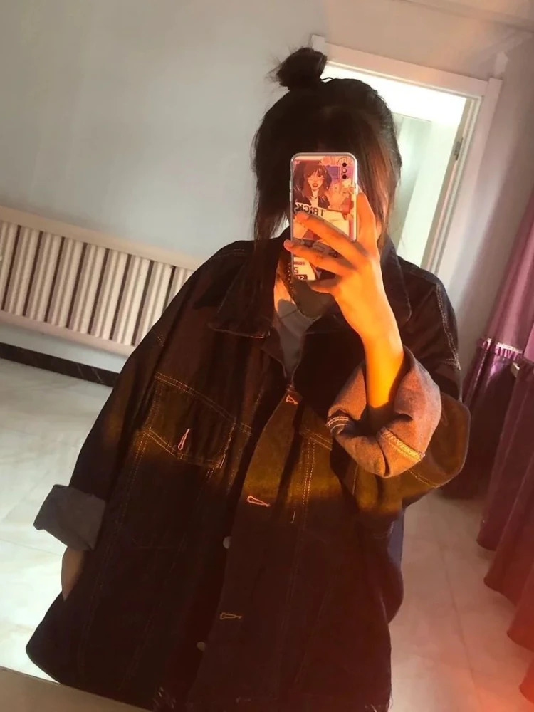 Vintage Denim Jackets Women Harajuku Dark Blue Jeans Coat Korean Fashion Oversized Y2k Aesthetic Grunge Outwear 250109