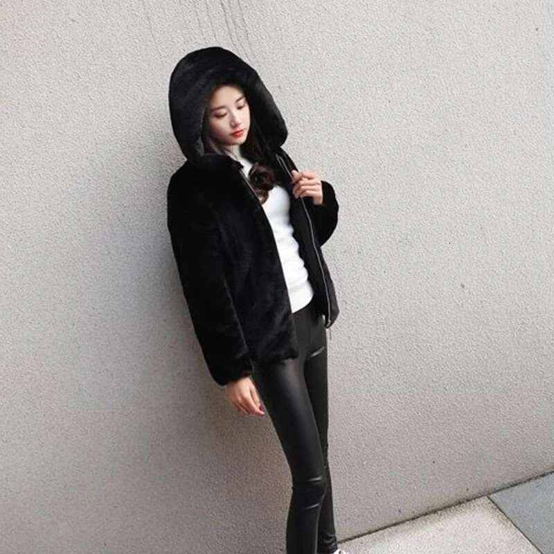 Lucyever High Quality Rabbit Hooded Coat Women Black Faux Fur Jacket Female Winter Zip Thick Warm Furry Coats