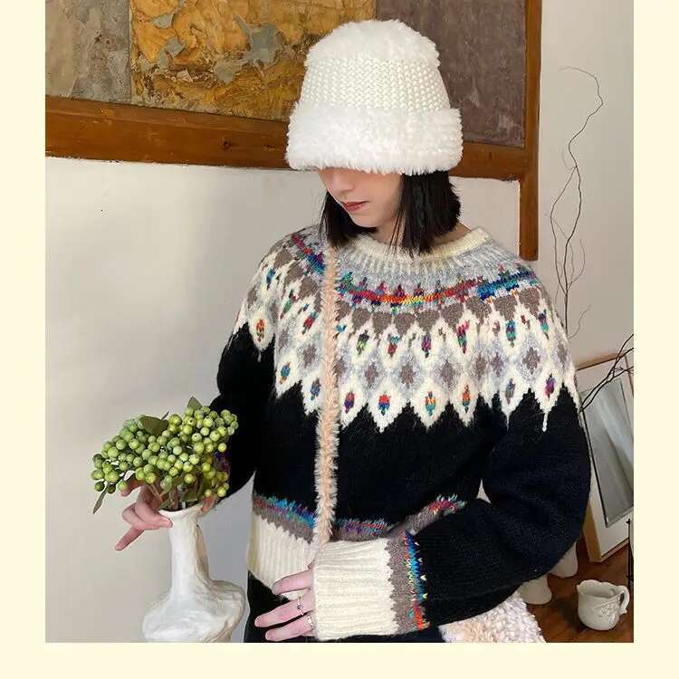 Vintage Fair Isle Jacquard Sweater For Women Argyle Aesthetic Knitted Pullover Crop Top Sweet Girls Winter Clothes Loose