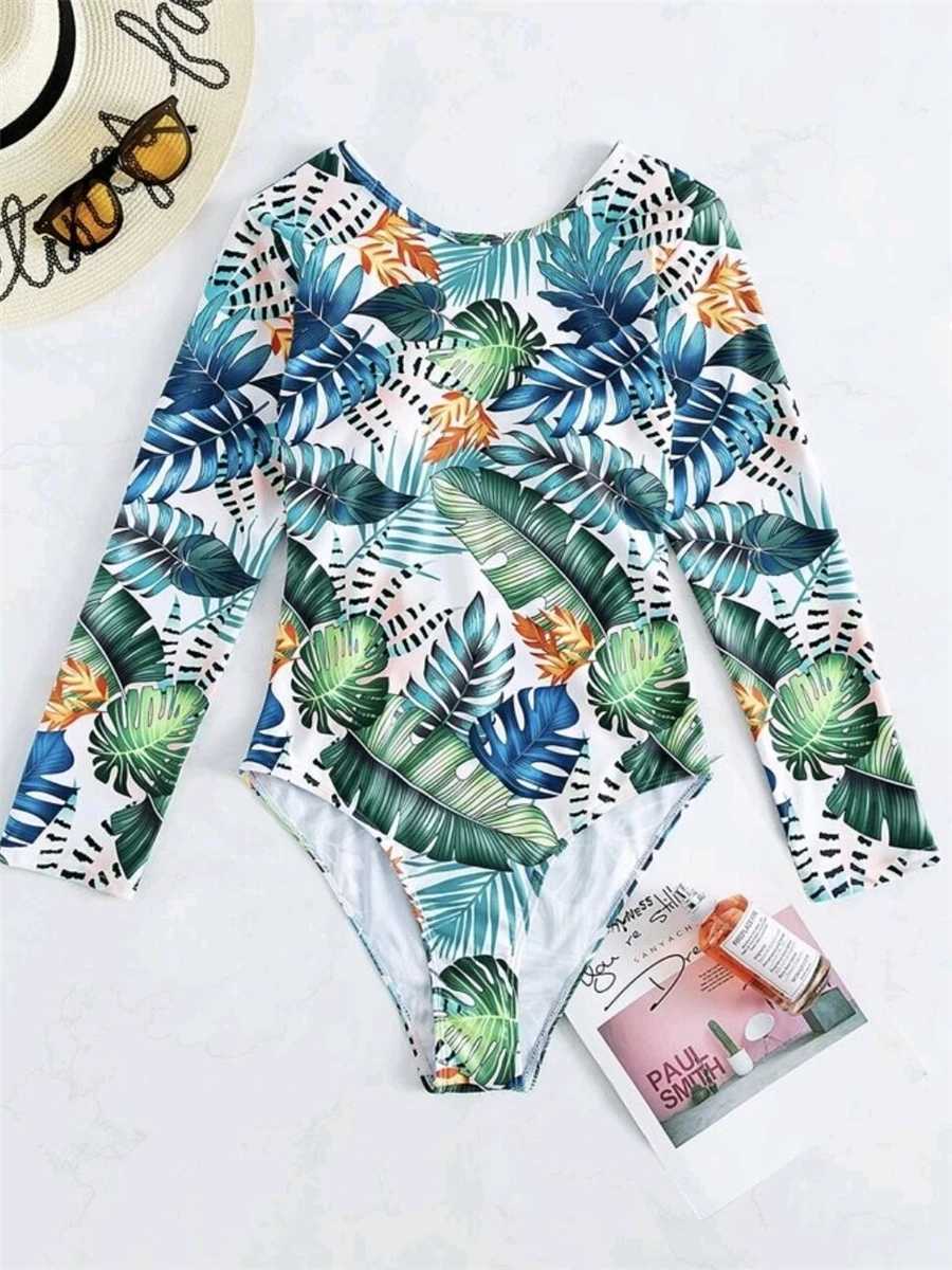 Long Seve Surf Swimsuit aves Printed Swimwear Women Crisscross One Piece Rash Guard Diving Clothes Bathing Suit SummerXJ240108