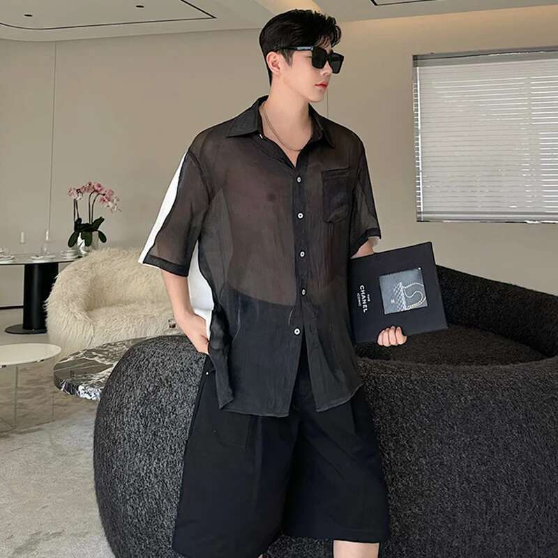 Translucent Splicing Multifunctional Short Sleeve T Shirt Personalized Trendy Street High Quality Men's Clothes