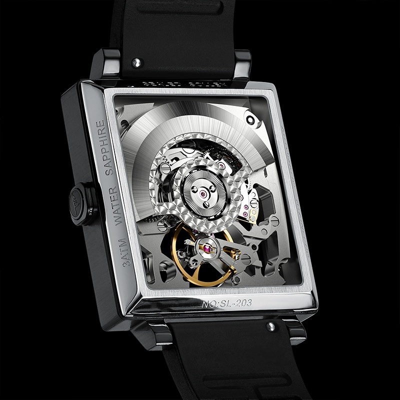 Fashionable SOLLEN Men's Square Skeleton Watch with Rubber Band