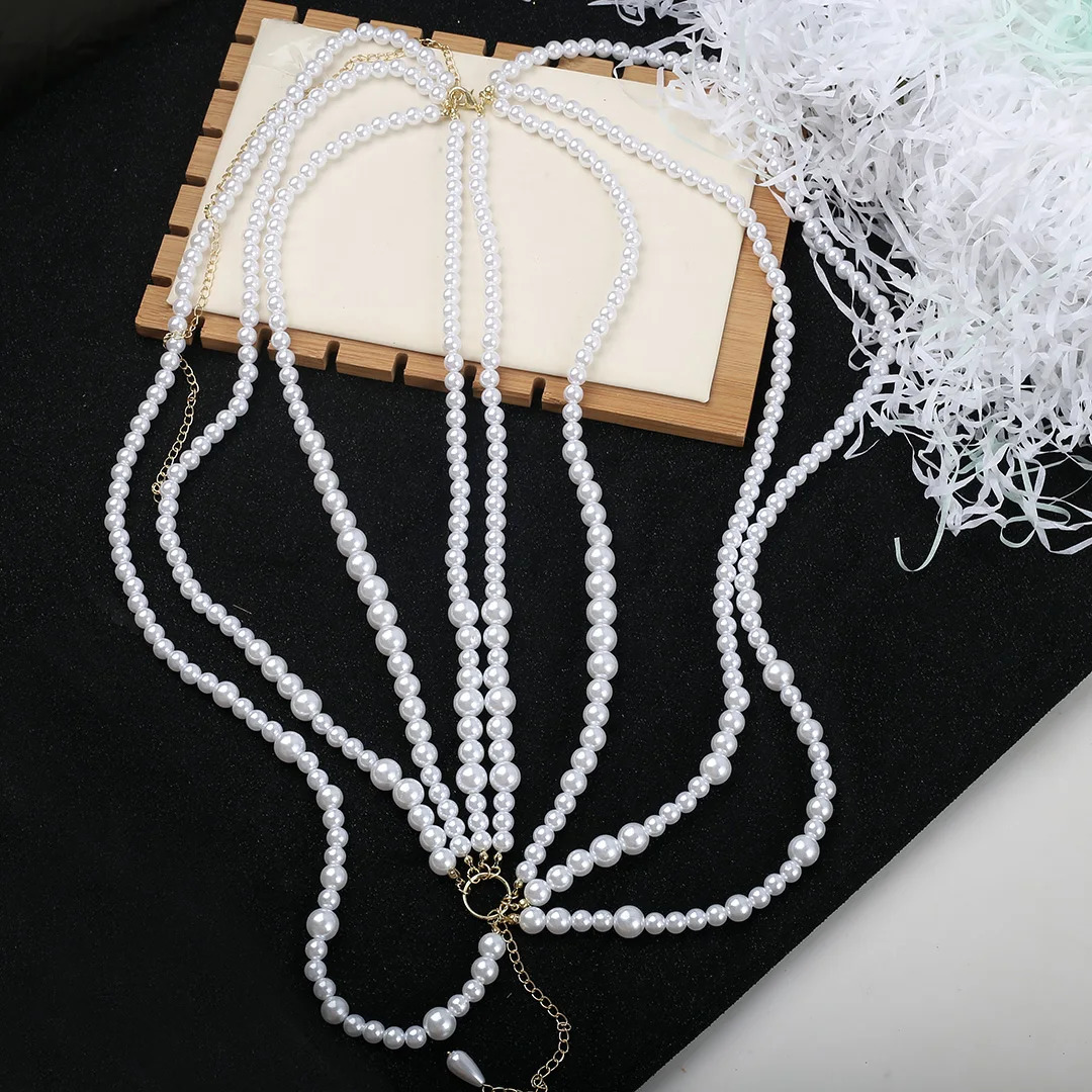 European and American decorative chain body chain imitation pearl hollow multi-layer fringe female size staggered waist chain 250107