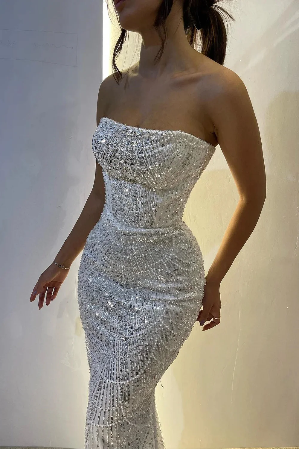 Strapless Mermaid Evening Dress Women - Sequined Beaded Sweep Train Gown, Custom Made for 2024 Parties