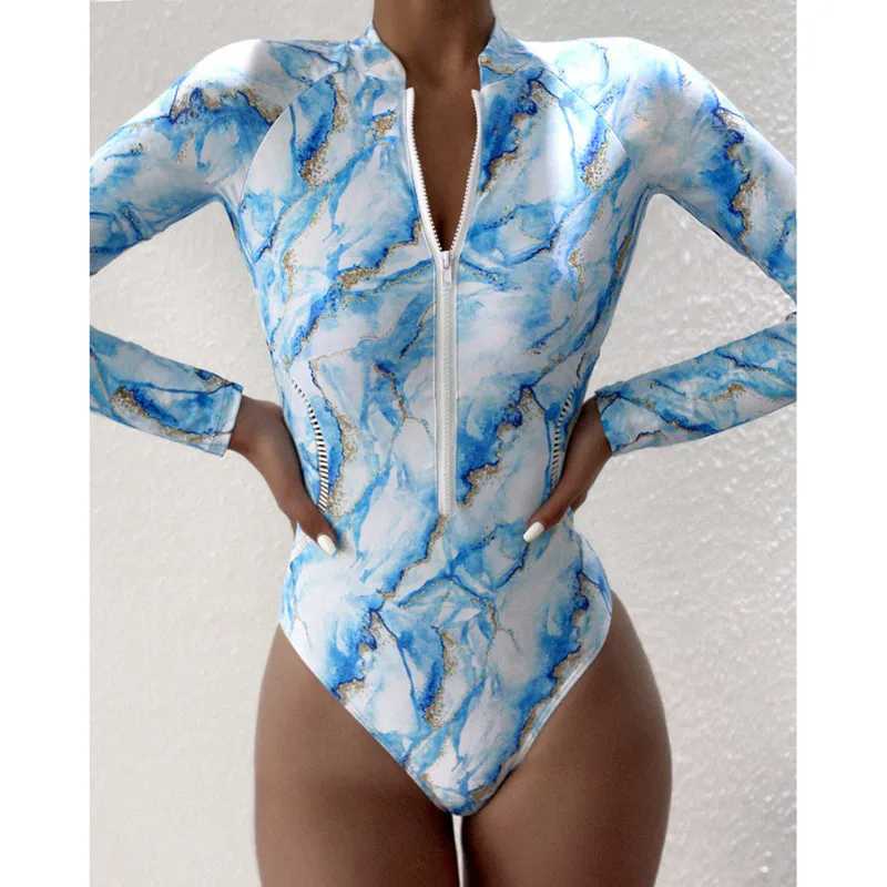 One-Piece Swimsuit For Sports Surfing Long Seve Swimwear 2025 New Womens Bodysuit Swimming Bathing Suit Beachwear Pool BatherXJ240108