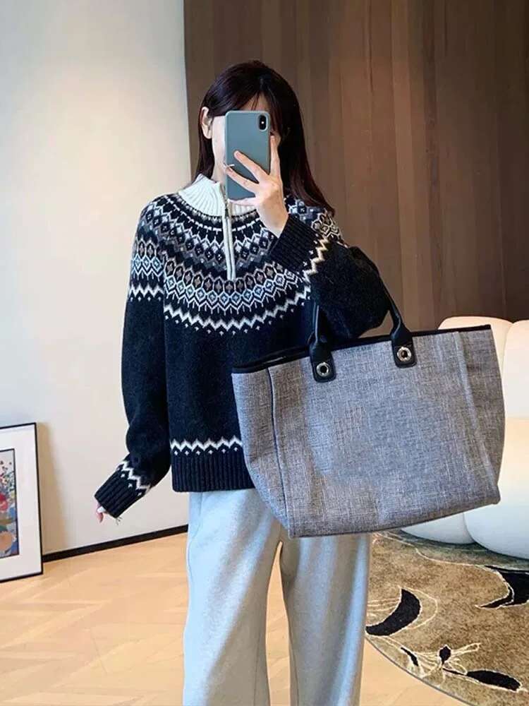 2024 Autumn And Winter New Wool Blend Half Zip Stand Collar Woolen Women Loose Jacquard Knit Bottom Jumper Sweater Top