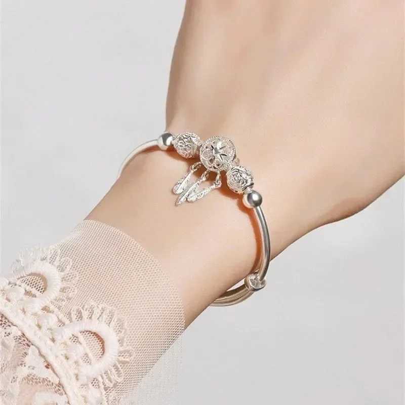 925 Sterling Silver Bracelets for Women Tassel Feather Round Bead Bangle Adjustable Charm Bracelet Luxury Wedding Jewelry GiftsXJ250109