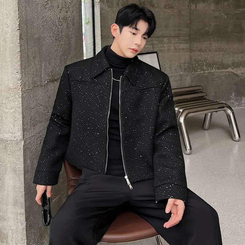 Stylish New Elegant Short Jacket Men's High Quality Trendy Sequin Outerwear Double Opening Zipper Korean Coat B2d7e9