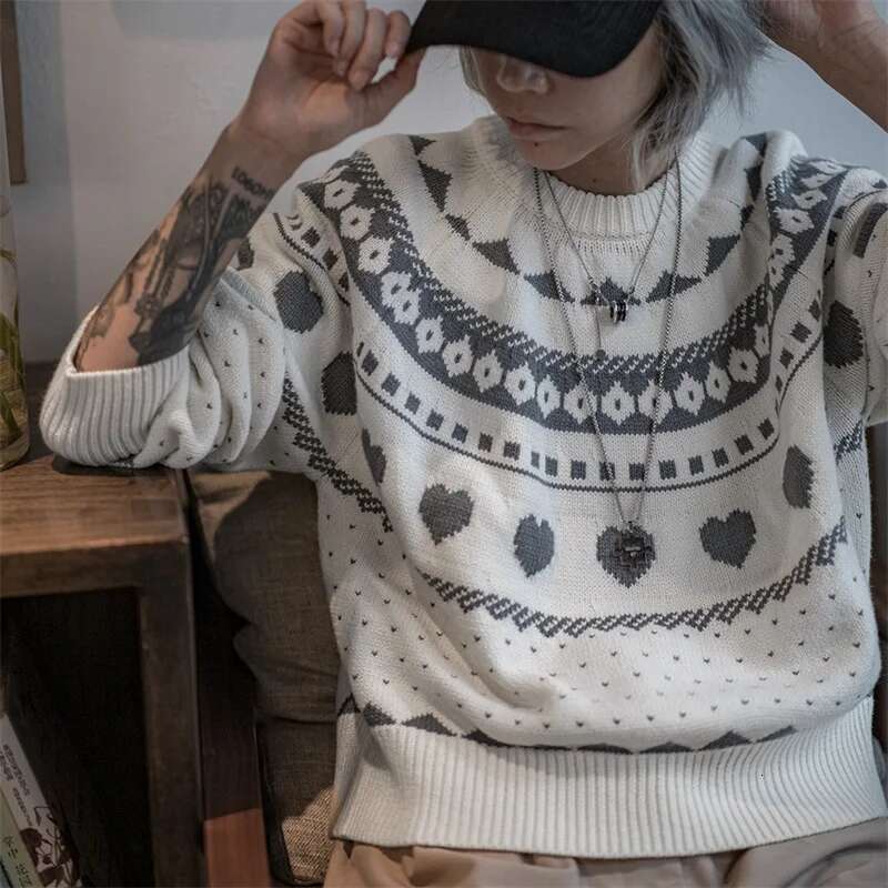 Maden Women Black Fair Isle Knitting Sweater Autumn Winter Long Sleeve Round-Neck Warm Bottoming Shirt Stretch Pullover Jumpers