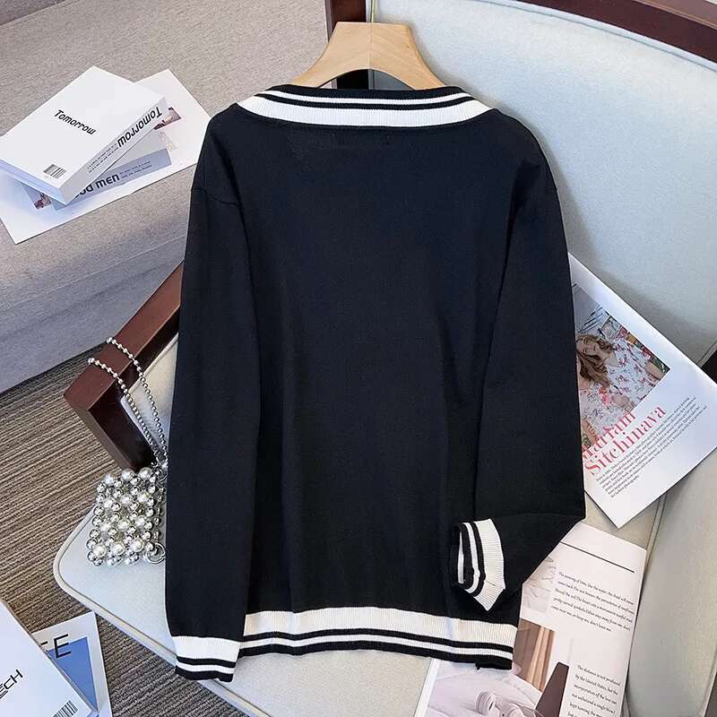 170Kg Plus Size Women's Bust 160 Spring Autumn Loose Pullover V-Neck Underlay Sweater Stripe Knit 5Xl 6Xl 7Xl 8Xl 9Xl 10Xl