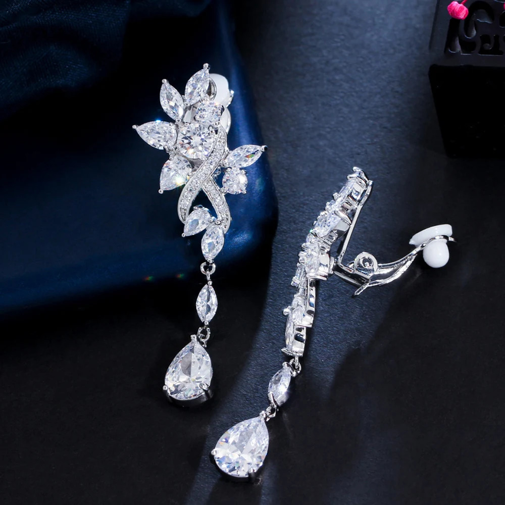 CWWZircons No Ear Hole Style Cubic Zircon Flower Drop Women Wedding Bridal Party Long Clip on Earrings without Piercing CZ274 250103