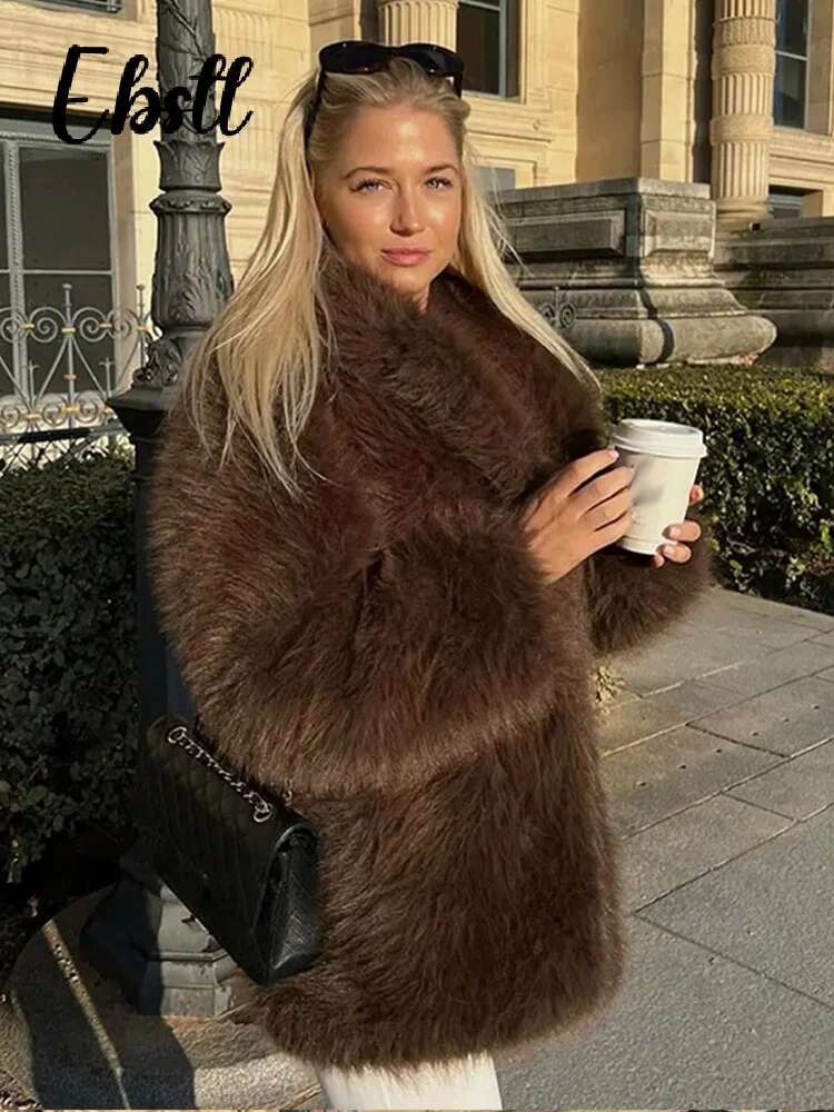 Vintage Fluffy Faux Fur Coat Women Solid Warm Lapel Button Long Sleeve Thicken Overcoat 2024 Winter New Lady Casual Streetwear