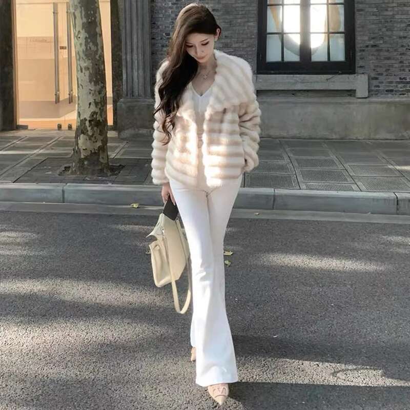 Winter New Plush Imitation Coats Womens Fashion Faux Fur Lapel Long Sleeve Warm Thickened Jacket