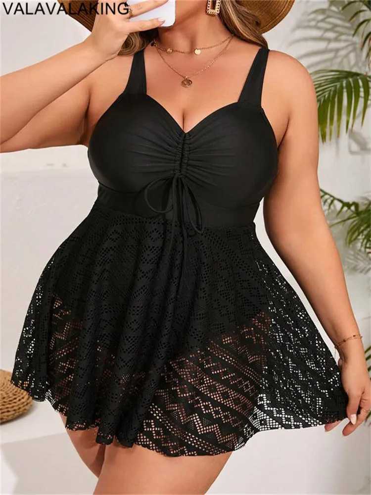 2025 Lace Patchwork Plus Size Swimwear Women Solid Strapped Large One Piece Swimsuit Brazilian Lady Chubby Curvy Bathing SuitXJ240108