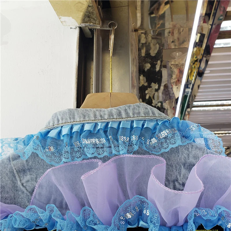 Fashion Hem Burrs Denim Jacket Women Sequins Mesh Lantern Sleeve Big Pocket Cowboy Outerwear Loose Short Jeans Jackets Female 250109
