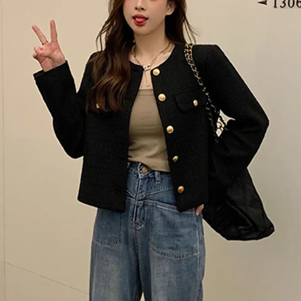 Cropped Tweed Jacket Women Vintage Aesthetic Korean Fashion Harajuku Chic-Elegant Jackets Autumn Winter Cardigan Coat 250109