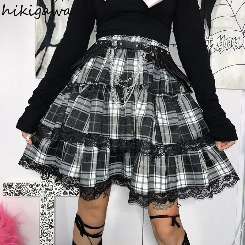 Preppy Style Skirts Women Chic Japanese Jupe Faldas Mujer De Moda High Waist Aline Summer Saia Plaid Patchwork Lace Skirt 250106