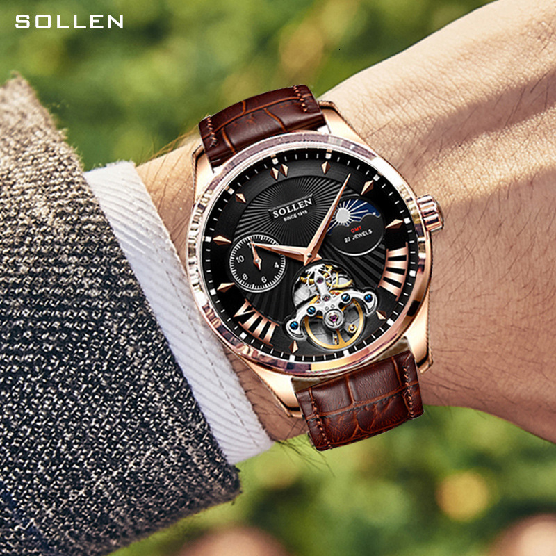 Men's Automatic Mechanical Watch with Skeleton Dial and Leather Strap