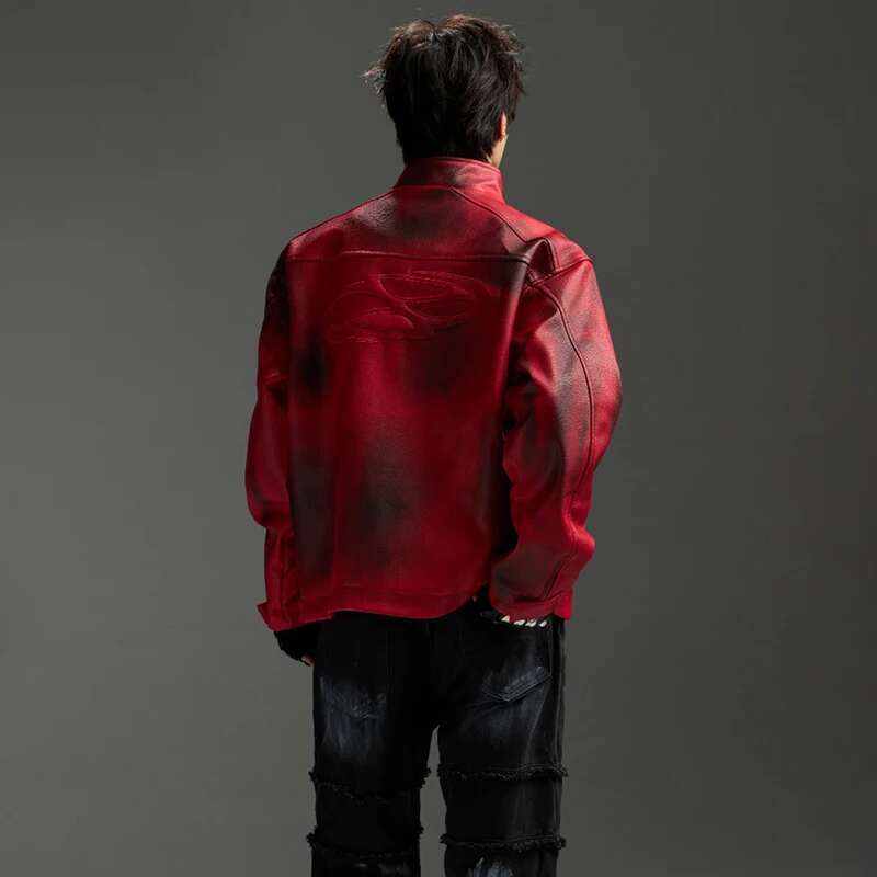 Leather Jacket Designer Original Wornout Spray Painting Unique Temperament Vintage Street High Men's Tops