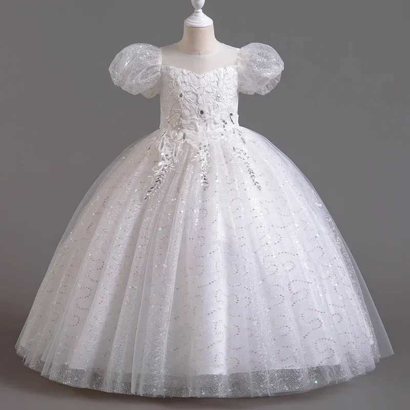 Summer Girls Sequin Dress Fashion Flower Girl Dresses for Weddings Short Sleeve Lace Children Girls Par Dresses 3-14 YearsXJ250108