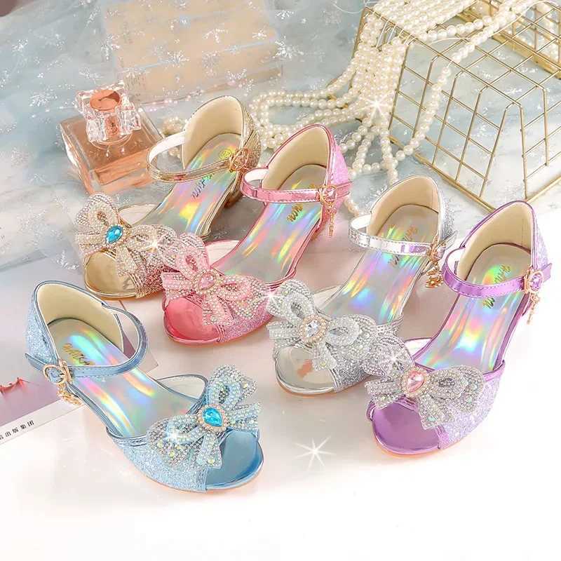 Summer girls sandals with heels fashionable rhinestones sparkling shoes childrens princess bow pearl dance shoes W250108