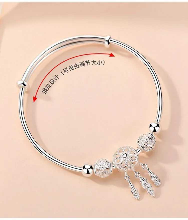925 Sterling Silver Bracelets for Women Tassel Feather Round Bead Bangle Adjustable Charm Bracelet Luxury Wedding Jewelry GiftsXJ250109