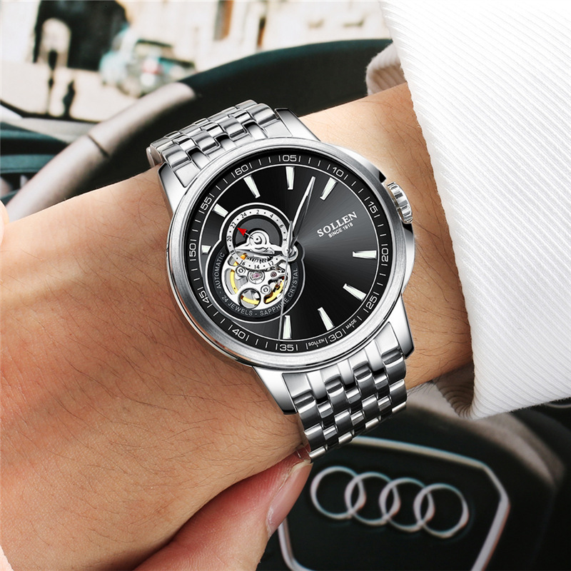 SOLLEN Men's Automatic Mechanical Watch with Skeleton Dial and Leather Strap