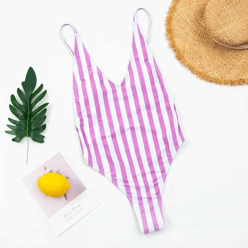 2024 Sexy One Piece Swimsuit Women V-Neck Swimwear Fa Striped Print Bodysuit Monokini ss Bathing Suit Summer BeachwearXJ240108