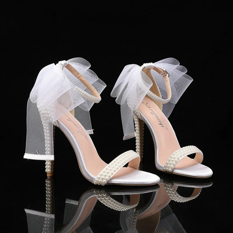Fish Mouth High Heels Shallow Mouth Rhinestone Pearl Sandals Womens Wedding Bride Shoe 250106