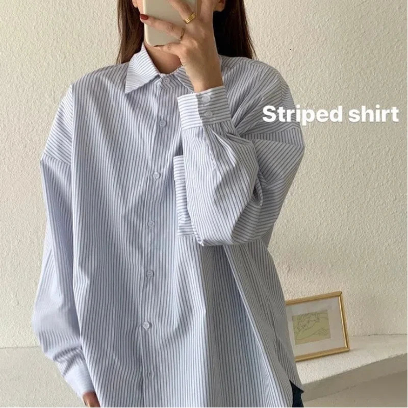 Korean Striped Loose Allmatch Blouse Spring Autumn Polo Neck Long Sleeve Preppy Style Shirt Tops Trend Casual Women Clothes 250109