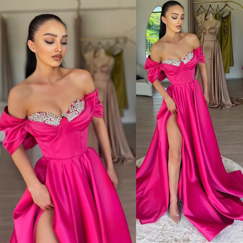Fuchsia A Line Evening Dresses Sexy Off The Shoulder Beading Formal Party Prom Gowns High Split Vintage Prom Dress Plus Size