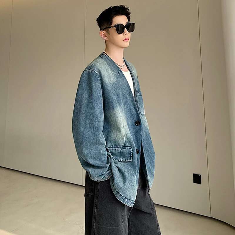 Autumn Versatile Loose Elegant Washed Casual Denim Blazer Coat Men's High Street Fashion Original Jacket New