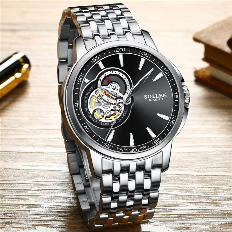 SOLLEN Men's Automatic Mechanical Watch with Skeleton Dial and Leather Strap