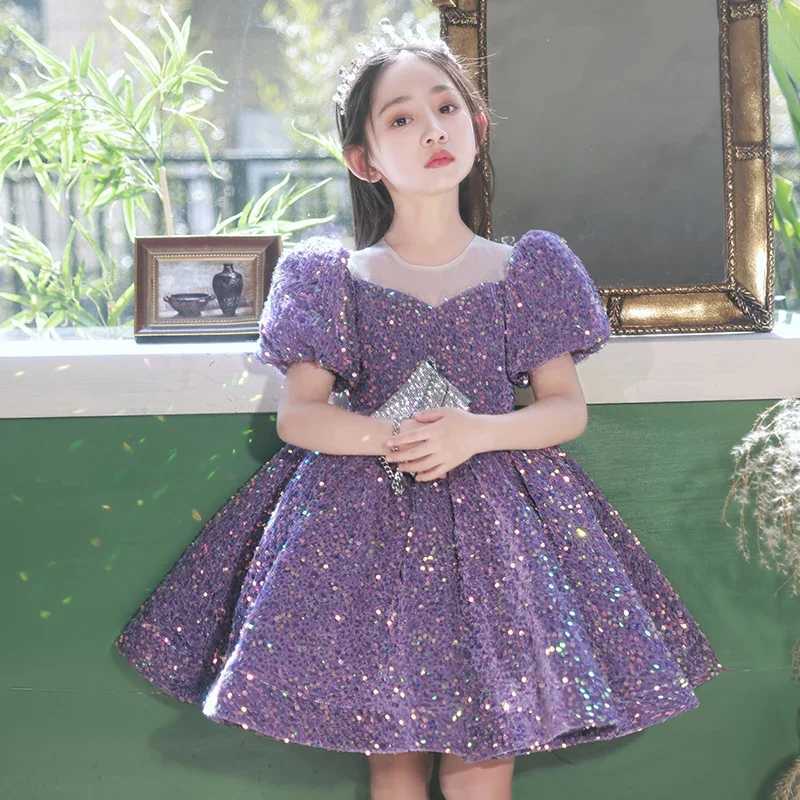 2023 Evening Wedding Kids Formal Occasion Par Dresses for Little Girls Special Events Purple Sequins Short Gown Luxury PageantXJ250108