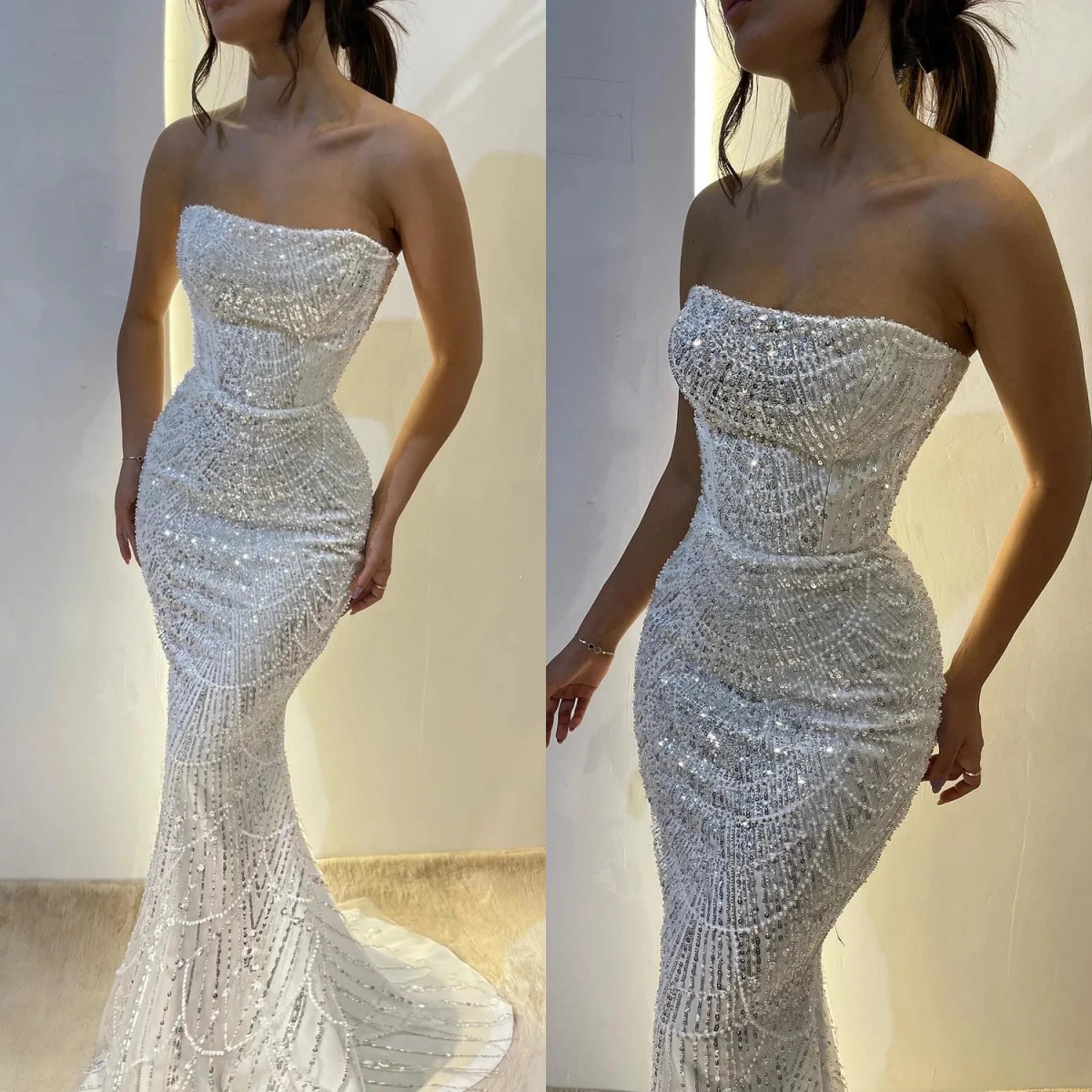 Strapless Mermaid Evening Dress Women - Sequined Beaded Sweep Train Gown, Custom Made for 2024 Parties