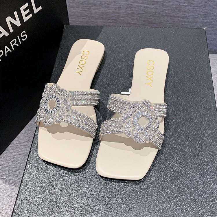 Women Slippers Fashion Flat Bottom Designer Shoes Plus Size Diamond Outerwear Square Toe Triple Black Beige Khaki Free shipping