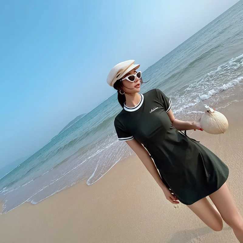 2023 Korean Sexy Drawstring Short Seve Swimwear Woman One Piece Swimsuit Lady Large Size Bathing Suit Beach SwimskirtXJ240108