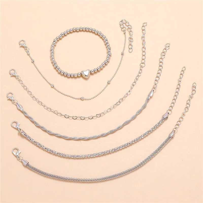 LETI 6 pcs/set Bohemian Silver Color Bracelets Bangles Set Vintage Beads Charm Heart Bracelet For Women Jewelry AccoriesXJ250109