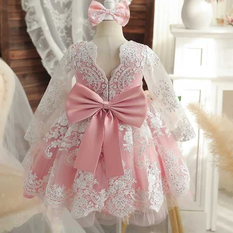 Red Girls Lace Par Dress Long Sleeve Flower Elegant Wedding Evening Gown Backless Bow Tulle Princess Pageant Formal DressXJ250108