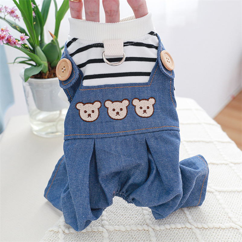 Dog Jumpsuit Pet Overall Round Neck Dog Denim Jumpsuit Adorable With Traction Ring Cartoon