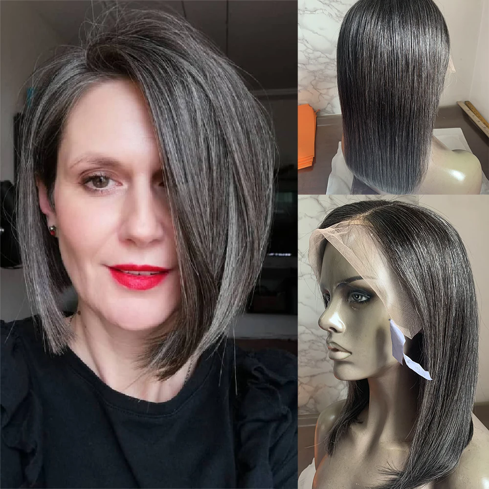 Salt and pepper real human hair gray bob wig for white women grey lace front human hair wigs 5x5 hd lace side part