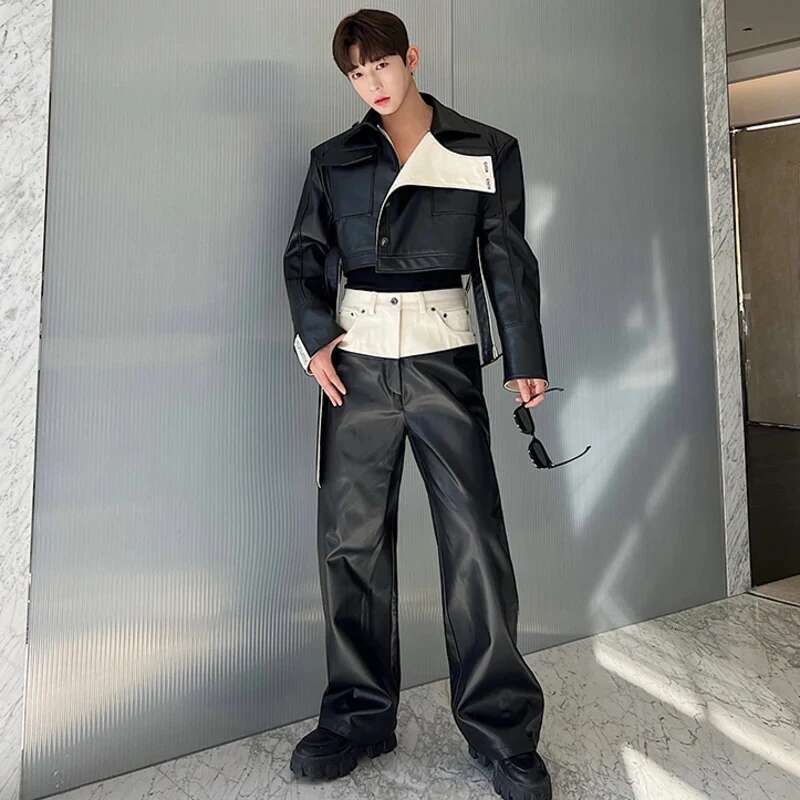 Trendy Color Contrast Splicing Leather Pants Men Niche Design Casual Straight Fashion Elegant Loose Trousers