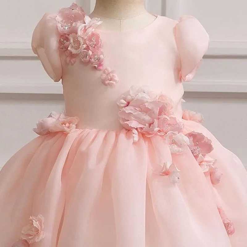 Pink Flower Girl Dresses For Wedding Floral Pearls Tea Length Baby Kids Birthday Ball Gowns Elegant First Communion GownsXJ250108