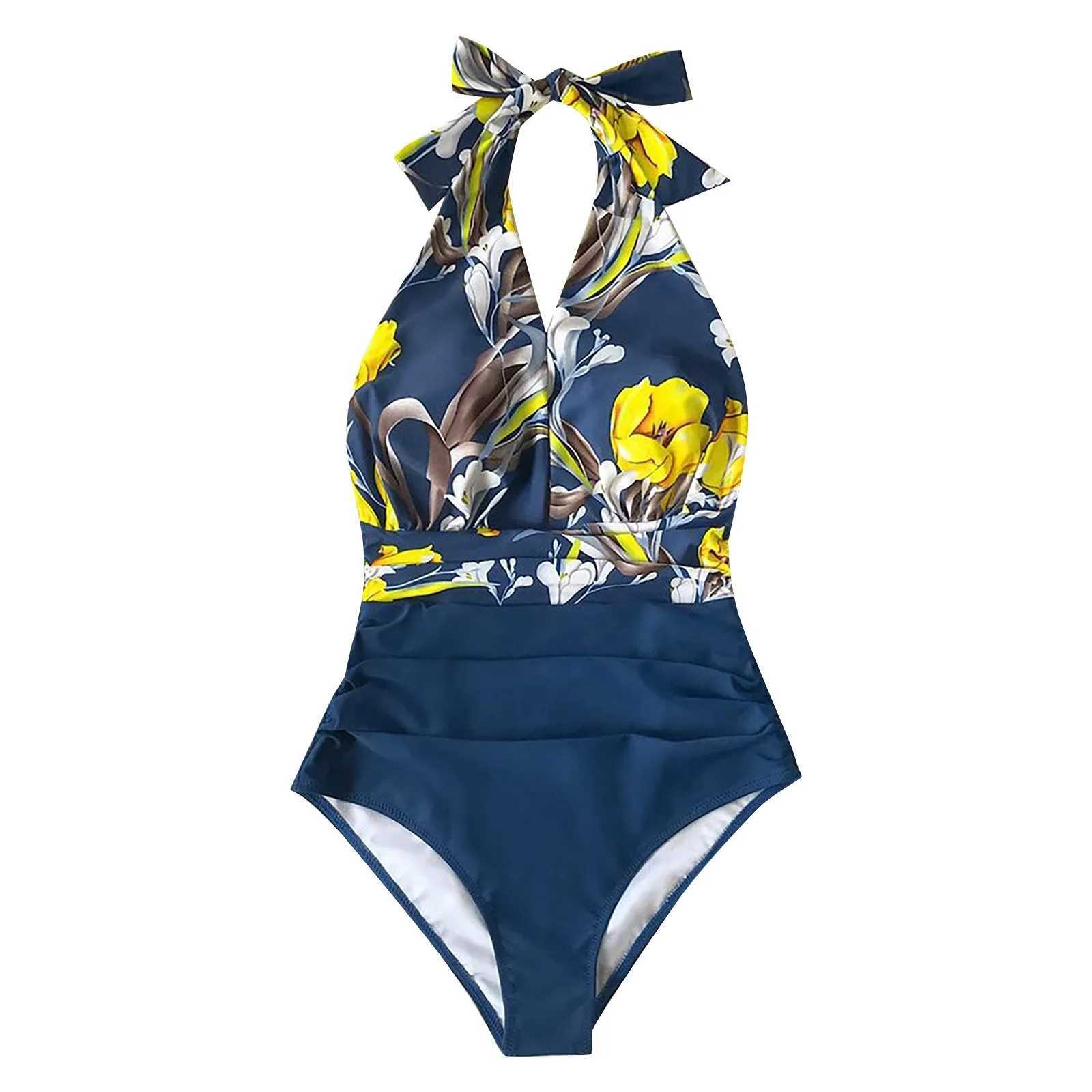 Y2k One-Piece Monokini Swimsuit Women Trendy Flower Print Deep V-Neck Swimwear Sexy Halter Neck Bathing Suit Hawaiian BeachwearXJ240108