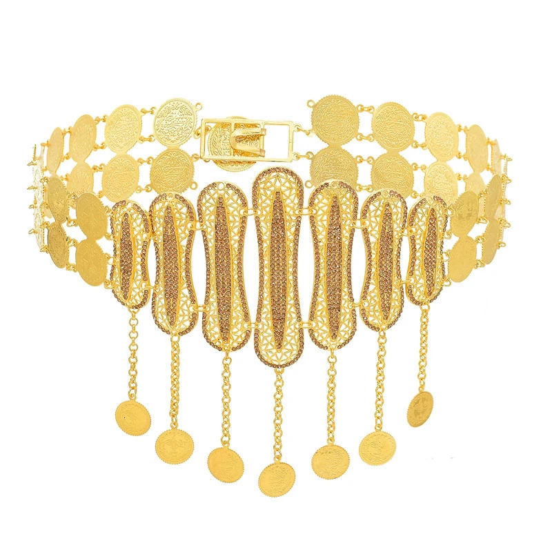 Golden Coin Women Body Chains Arab Charms Tassel Bohemian Ethnic Waist Jewelry Statement Afghan Rhinestones Waist Chains Female 250107