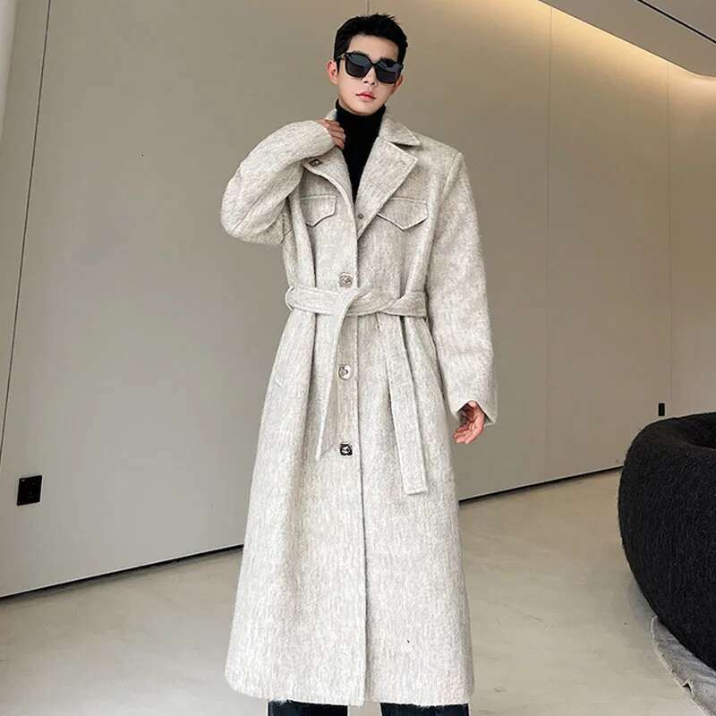 Autumn Winter Men's Woolen Long Trench Coat Thickened Fleece Elegant Street Male Stylish Belt Design Windbreaker