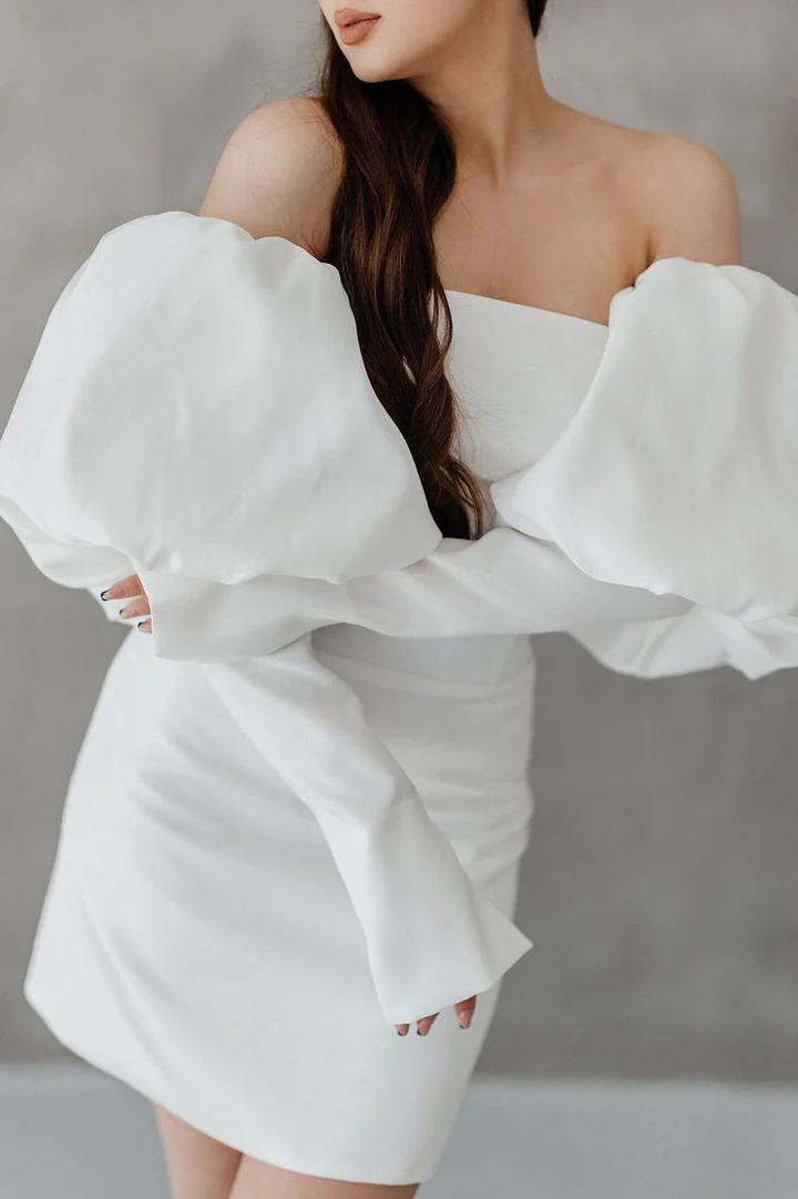 Princess Short Wedding Dress Women 2025 Off The Shoulder Strapless Long Sleeves Satin Simple Bridal Gown Vestido De Noiva Customized